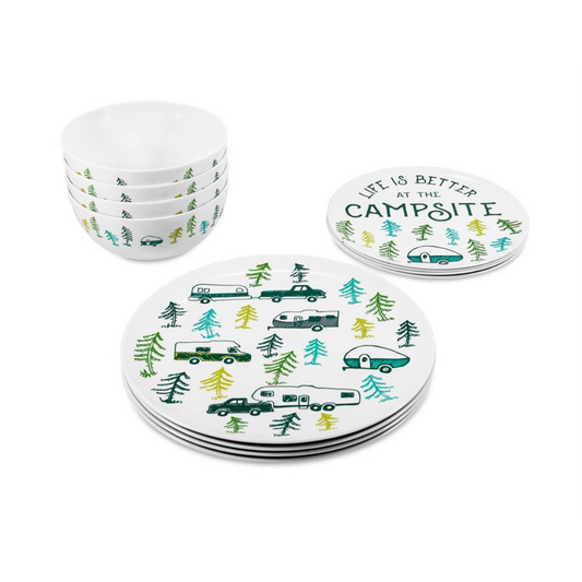 Camco's Life is Better at the Campsite - 12 Pc. Dish Set RV Sketch Pattern
